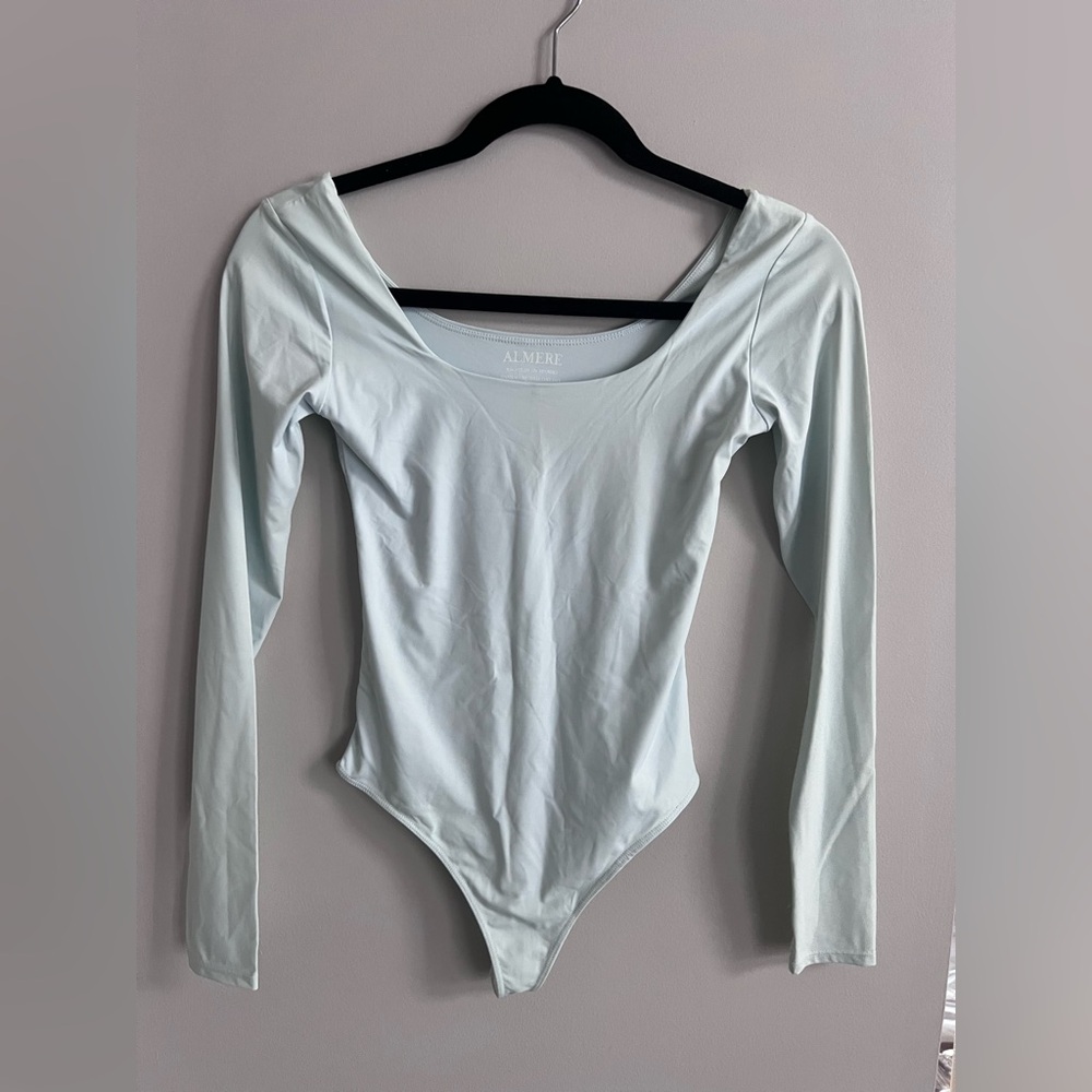 Light Blue Women's Almere Scoop Neck Long Sleeve Thong Bodysuit, size S
